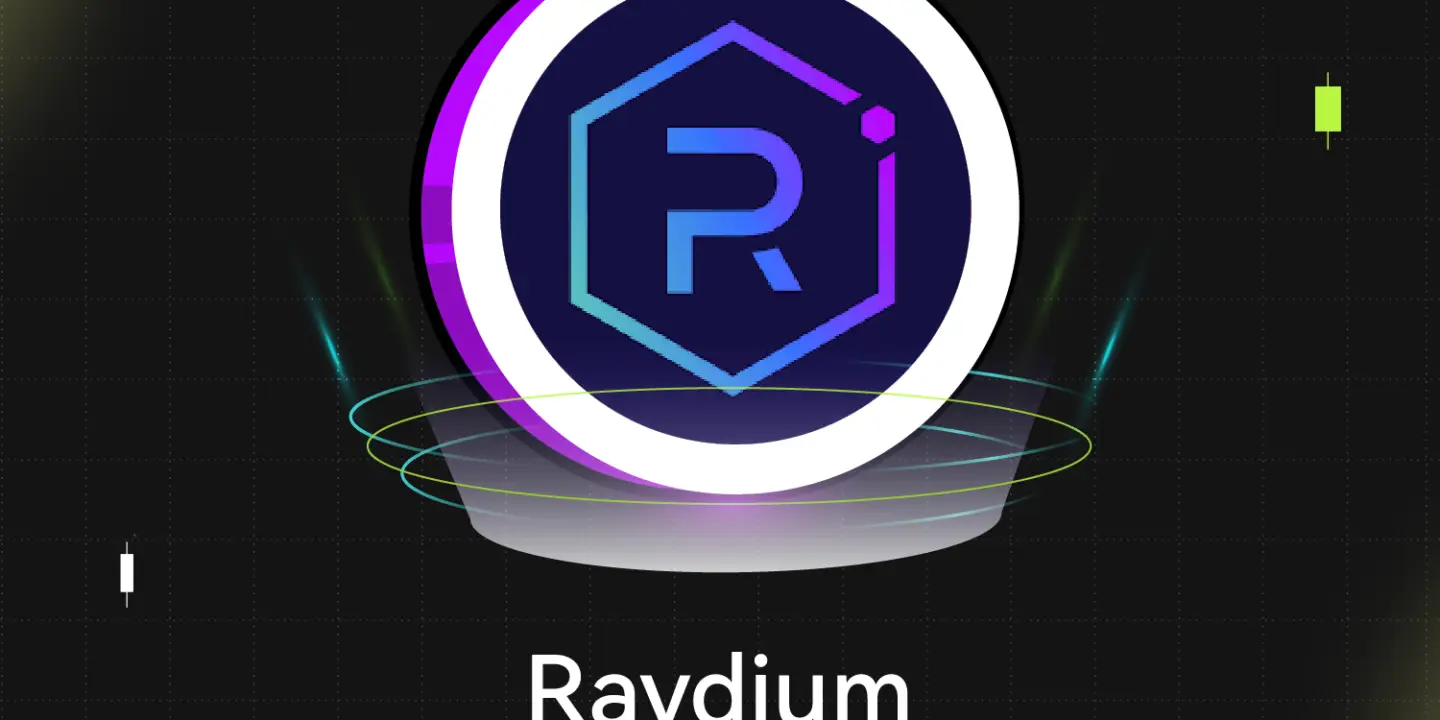 Bitunix A glowing Raydium ($RAY) logo hovers above a digital platform on a dark grid background with neon accents, highlighting the innovative spirit of Raydium. Raydium $RAY is written below the logo in white and green text.