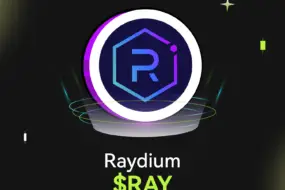 Bitunix A glowing Raydium ($RAY) logo hovers above a digital platform on a dark grid background with neon accents, highlighting the innovative spirit of Raydium. Raydium $RAY is written below the logo in white and green text.