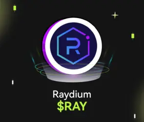 Bitunix A glowing Raydium ($RAY) logo hovers above a digital platform on a dark grid background with neon accents, highlighting the innovative spirit of Raydium. Raydium $RAY is written below the logo in white and green text.