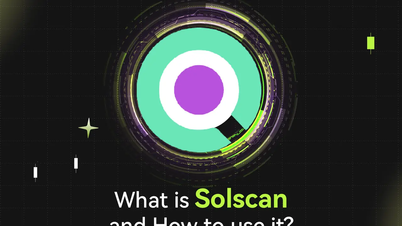 Bitunix A digital graphic with a circular, futuristic design in the center and the text What is Solscan and How to use it? below, set against a dark background with glowing solscan accents and stars.