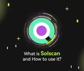 Bitunix A digital graphic with a circular, futuristic design in the center and the text What is Solscan and How to use it? below, set against a dark background with glowing solscan accents and stars.