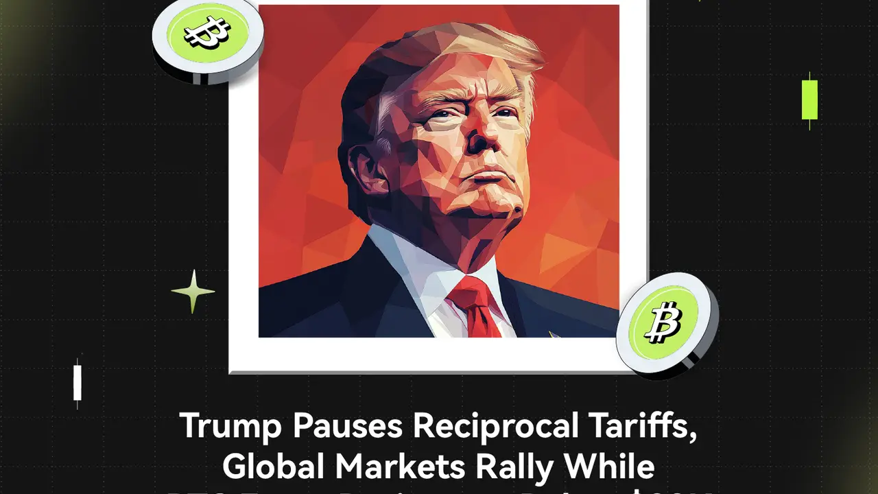 Bitunix A stylized illustration of Trump is centered, with Bitcoin symbols around him. The text below reads: Trump Pauses Reciprocal Tariffs, Global Markets Rally While BTC Faces Resistance Below $83K.