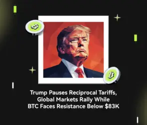 Bitunix A stylized illustration of Trump is centered, with Bitcoin symbols around him. The text below reads: Trump Pauses Reciprocal Tariffs, Global Markets Rally While BTC Faces Resistance Below $83K.