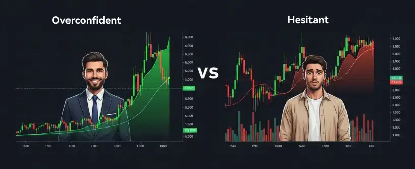 Bitunix Split image comparing two men in front of stock charts: the left side shows a confident man in a suit with a rising green chart labeled Overconfident, while the right features a worried man labeled Hesitant with a declining red futures trading chart.