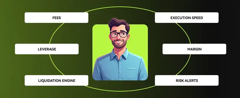 Bitunix Illustration of a smiling man in the center, surrounded by six labeled boxes—Fees, Execution Speed, Leverage, Margin, Liquidation Engine, and Risk Alerts—on a green gradient background, highlighting key aspects of futures trading.