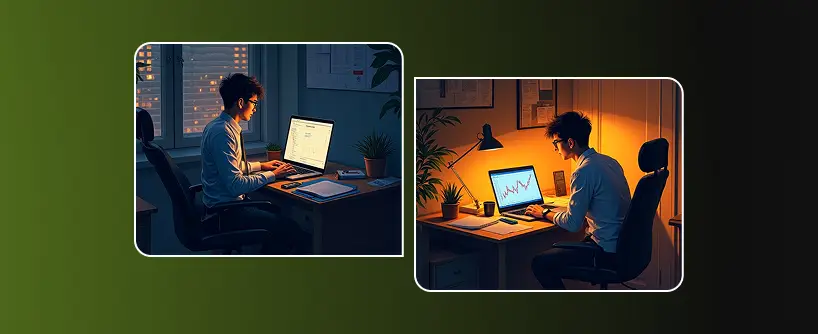 Bitunix Two images of a person working at a desk with a computer in a dimly lit room; one shows copy trading charts on the screen, the other displays documents and a coffee mug on the desk.