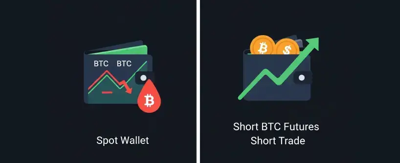 Bitunix Side-by-side icons: Left shows a declining BTC chart and coins in a wallet labeled Spot Wallet. Right highlights futures trading with a wallet, coins, and an upward green chart labeled Short BTC Futures Short Trade.