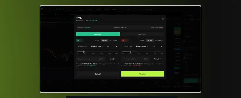 Bitunix A trading platform screen shows a Take Profit/Stop Loss (TP/SL) order window for BTCUSDT futures. It offers Buy Long and Sell Short options, with adjustable trigger prices, size, and order types, plus Confirm and Cancel buttons.