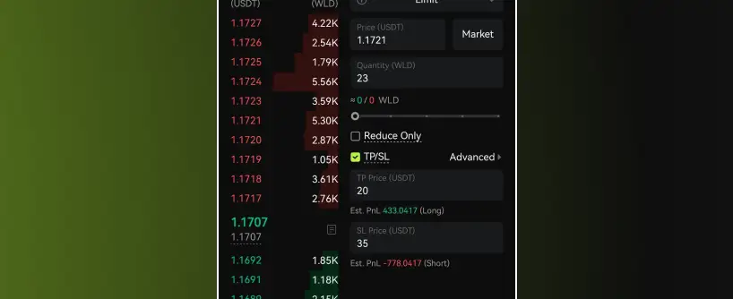 Bitunix A cryptocurrency trading interface tailored for futures trading displays red and green numbers for price changes on the left and transaction details—including price, quantity, and profit/loss—on the right. Some options are toggled for advanced order settings.