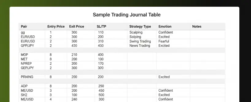 Bitunix A sample futures trading journal table showing trading pairs, entry and exit prices, SL/TP levels, strategy types, emotions, and notes. Some fields are filled, while others are blank.