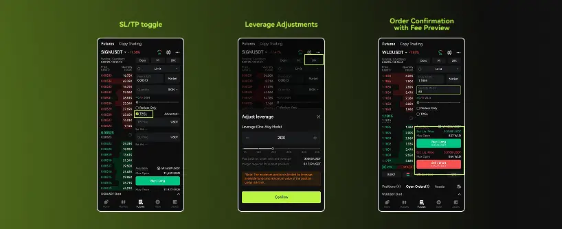 Bitunix A user interface for a futures trading app displays SL/TP toggle, leverage adjustment, and order confirmation with fee preview features, each highlighted in bright green boxes on a dark background.