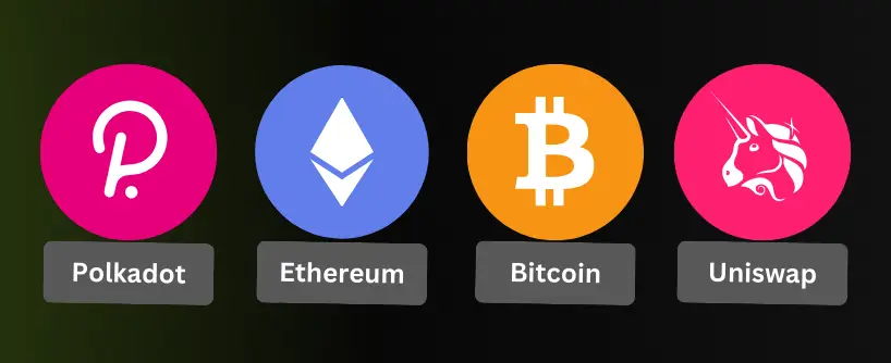 Bitunix Four colorful circular icons representing blockchain cryptocurrencies: Polkadot (pink with stylized P), Ethereum (blue with diamond), Bitcoin (orange with B), and Uniswap (pink with unicorn), each labeled below. | Bitunix Bitunix Four colorful circular icons representing blockchain cryptocurrencies: Polkadot (pink with stylized P), Ethereum (blue with diamond), Bitcoin (orange with B), and Uniswap (pink with unicorn), each labeled below.