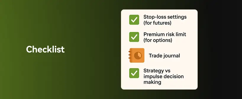 Bitunix A checklist labeled on the left with four checked items: Stop-loss settings (for futures trading), Premium risk limit (for options), Trade journal (with an icon), and Strategy vs impulse decision making.