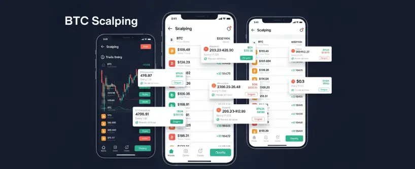 Bitunix Three smartphone screens display a BTC Scalping futures trading app interface, featuring live Bitcoin price charts, order book data, trade entries, action buttons, and trade notifications on a dark background.