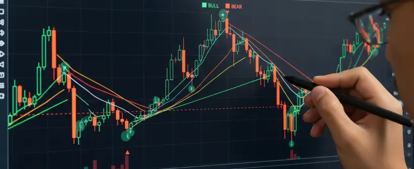 Bitunix A person uses a stylus to analyze a financial candlestick chart on a screen, featuring colored trend lines, futures trading indicators labeled BULL and BEAR, and various technical analysis overlays.