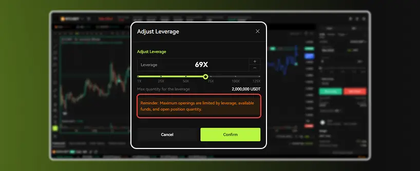 Bitunix A trading platform window shows an Adjust Leverage popup with a slider set to 69x leverage—a key feature for futures trading—and a warning about maximum openings limited by leverage, available funds, and open position quantity.