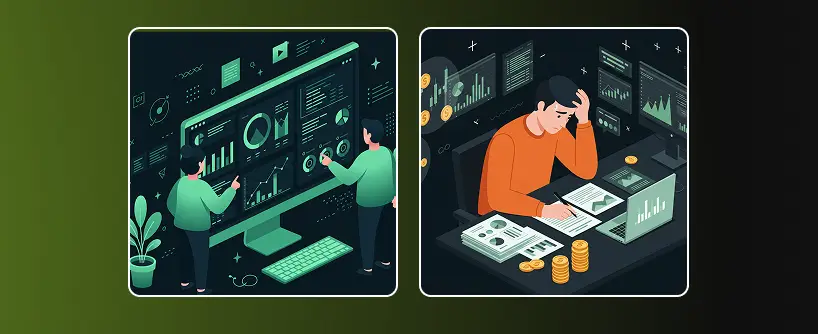 Bitunix Two illustrated scenes: on the left, two people analyze charts and graphs for copy trading on a large computer screen; on the right, a person, looking stressed, reviews financial documents at a desk with coins and multiple monitors.
