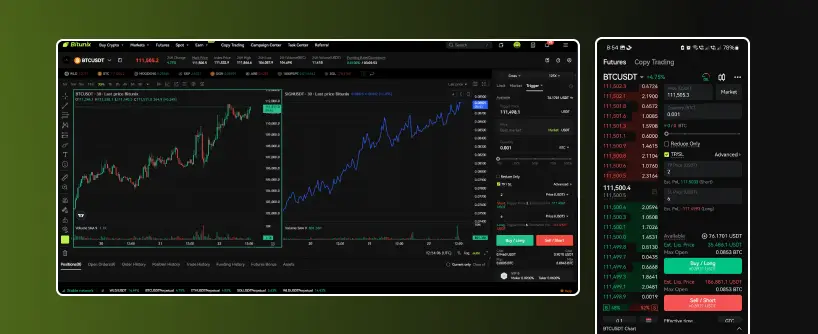 Bitunix Screenshot of a cryptocurrency trading platform featuring Bitcoin price charts, order book, recent trades, buy/sell options, and integrated futures trading—all set against a dark background with green gradients framing the display.