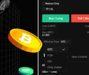 Bitunix Several colorful cryptocurrency coins, including Bitcoin, float in 3D space next to a digital trading interface displaying options like Buy/Long and Sell/Short, with order type selections such as GTC order available.