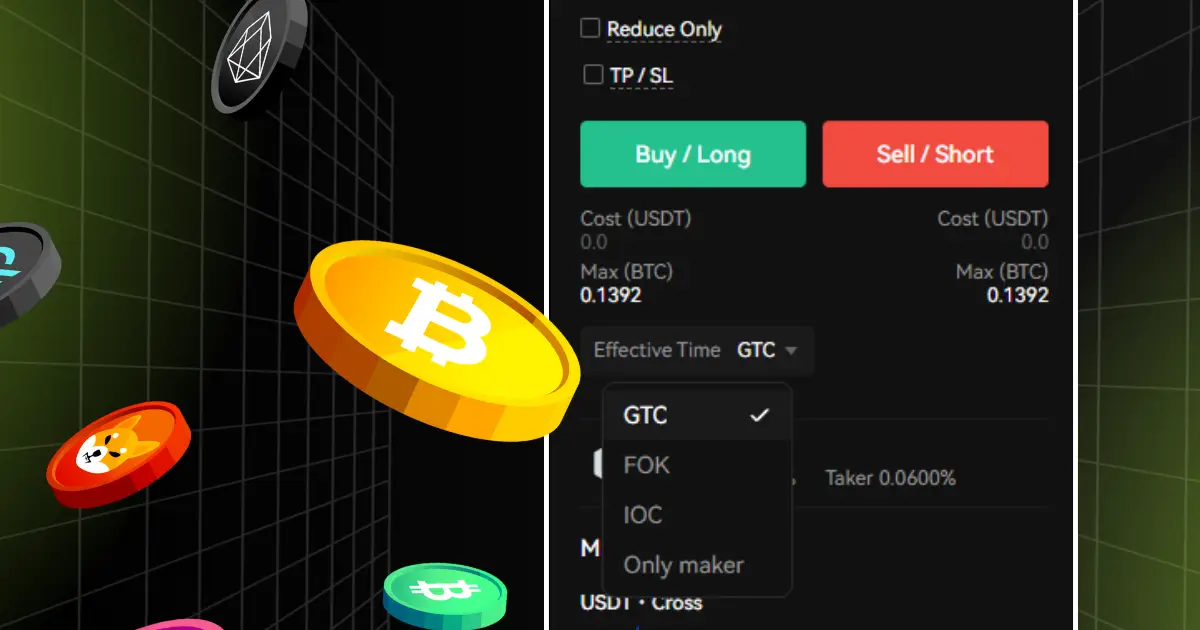 Bitunix Several colorful cryptocurrency coins, including Bitcoin, float in 3D space next to a digital trading interface displaying options like Buy/Long and Sell/Short, with order type selections such as GTC order available. | Bitunix Bitunix Several colorful cryptocurrency coins, including Bitcoin, float in 3D space next to a digital trading interface displaying options like Buy/Long and Sell/Short, with order type selections such as GTC order available.