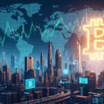Futuristic city skyline with glowing Bitcoin symbol and world map overlay representing global crypto trading