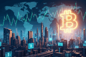 Futuristic city skyline with glowing Bitcoin symbol and world map overlay representing global crypto trading