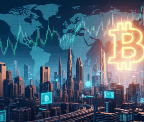 Futuristic city skyline with glowing Bitcoin symbol and world map overlay representing global crypto trading
