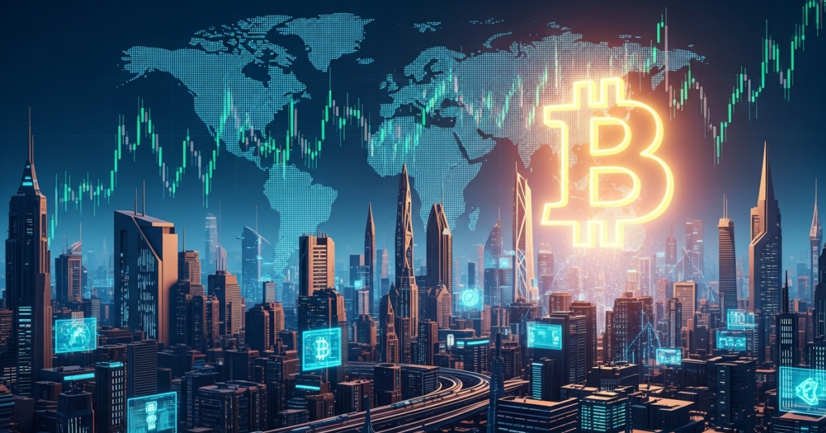 Futuristic city skyline with glowing Bitcoin symbol and world map overlay representing global crypto trading