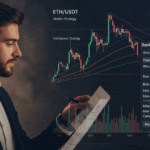 A professional crypto trader analyzes a backtest report for an ETH/USDT trading strategy on a digital chart interface, with key metrics like win rate, risk-reward ratio, and drawdown displayed on screen.
