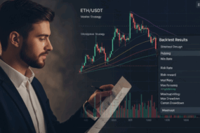 A professional crypto trader analyzes a backtest report for an ETH/USDT trading strategy on a digital chart interface, with key metrics like win rate, risk-reward ratio, and drawdown displayed on screen.