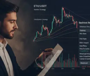 A professional crypto trader analyzes a backtest report for an ETH/USDT trading strategy on a digital chart interface, with key metrics like win rate, risk-reward ratio, and drawdown displayed on screen.