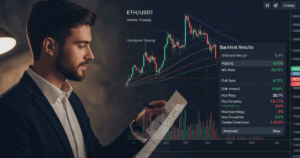 A professional crypto trader analyzes a backtest report for an ETH/USDT trading strategy on a digital chart interface, with key metrics like win rate, risk-reward ratio, and drawdown displayed on screen.