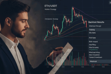 A professional crypto trader analyzes a backtest report for an ETH/USDT trading strategy on a digital chart interface, with key metrics like win rate, risk-reward ratio, and drawdown displayed on screen.