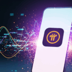 A smartphone displaying the Pi Network logo with colorful digital waves and data streams, symbolizing mobile crypto mining and blockchain innovation in 2025.
