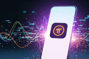 A smartphone displaying the Pi Network logo with colorful digital waves and data streams, symbolizing mobile crypto mining and blockchain innovation in 2025.