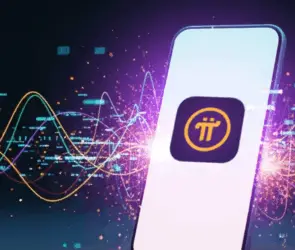 A smartphone displaying the Pi Network logo with colorful digital waves and data streams, symbolizing mobile crypto mining and blockchain innovation in 2025.
