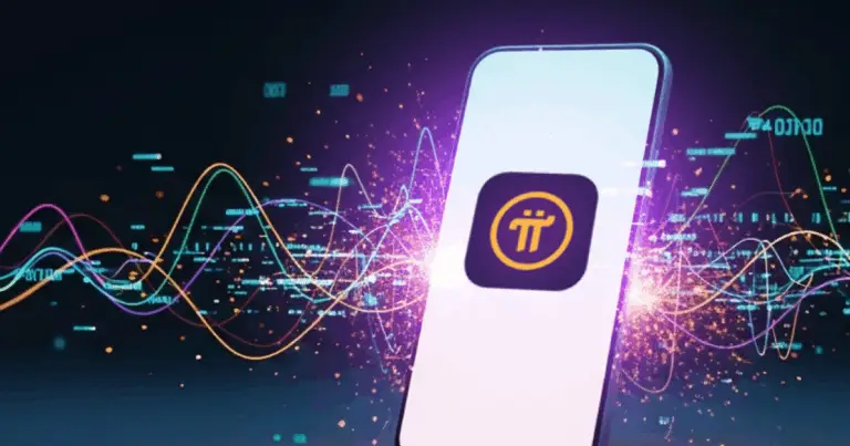 A smartphone displaying the Pi Network logo with colorful digital waves and data streams, symbolizing mobile crypto mining and blockchain innovation in 2025.