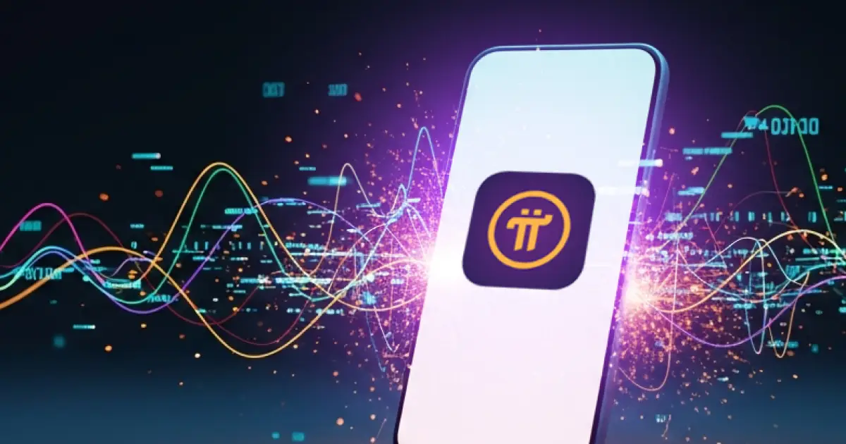 A smartphone displaying the Pi Network logo with colorful digital waves and data streams, symbolizing mobile crypto mining and blockchain innovation in 2025.