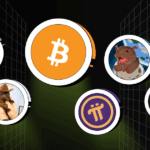 Icons of top trending cryptocurrencies in 2025 including Bitcoin, Ethereum, Solana, Pi Network, PNUT, and MOO meme coins on a digital grid background.