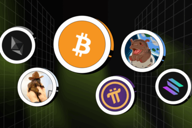 Icons of top trending cryptocurrencies in 2025 including Bitcoin, Ethereum, Solana, Pi Network, PNUT, and MOO meme coins on a digital grid background.