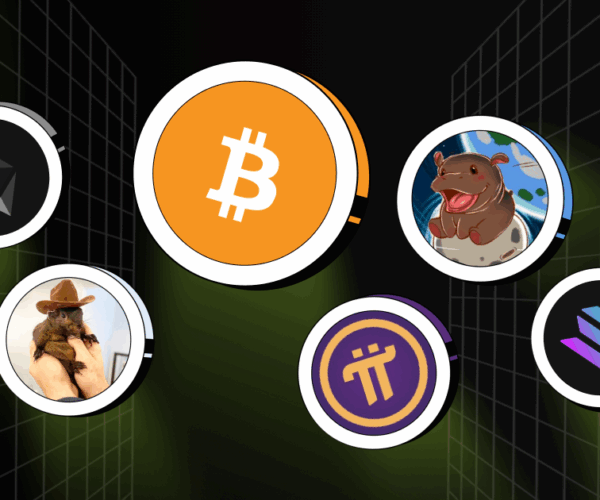 Icons of top trending cryptocurrencies in 2025 including Bitcoin, Ethereum, Solana, Pi Network, PNUT, and MOO meme coins on a digital grid background.