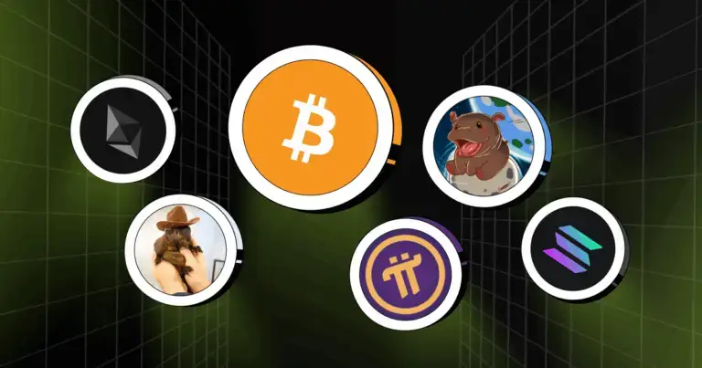 Icons of top trending cryptocurrencies in 2025 including Bitcoin, Ethereum, Solana, Pi Network, PNUT, and MOO meme coins on a digital grid background.