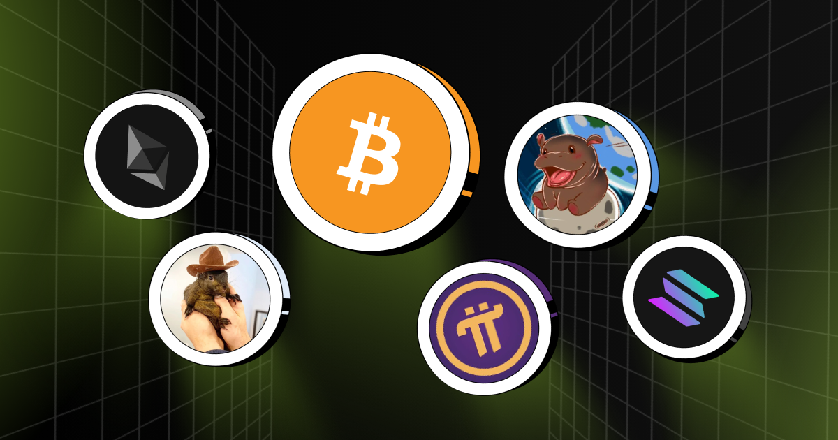 Icons of top trending cryptocurrencies in 2025 including Bitcoin, Ethereum, Solana, Pi Network, PNUT, and MOO meme coins on a digital grid background.
