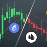 Split-screen financial candlestick chart showing bullish (green) crypto assets like Bitcoin and Ethereum on the left, and bearish (red) commodities like oil and gold on the right.