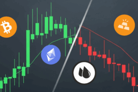 Split-screen financial candlestick chart showing bullish (green) crypto assets like Bitcoin and Ethereum on the left, and bearish (red) commodities like oil and gold on the right.