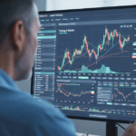 A trader analyzing cryptocurrency market charts and price movements on a desktop screen using a professional trading platform.
