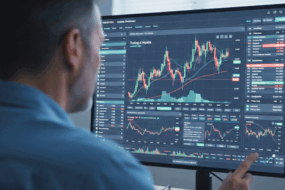 A trader analyzing cryptocurrency market charts and price movements on a desktop screen using a professional trading platform.