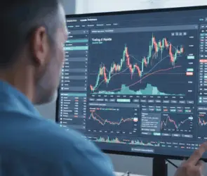 A trader analyzing cryptocurrency market charts and price movements on a desktop screen using a professional trading platform.