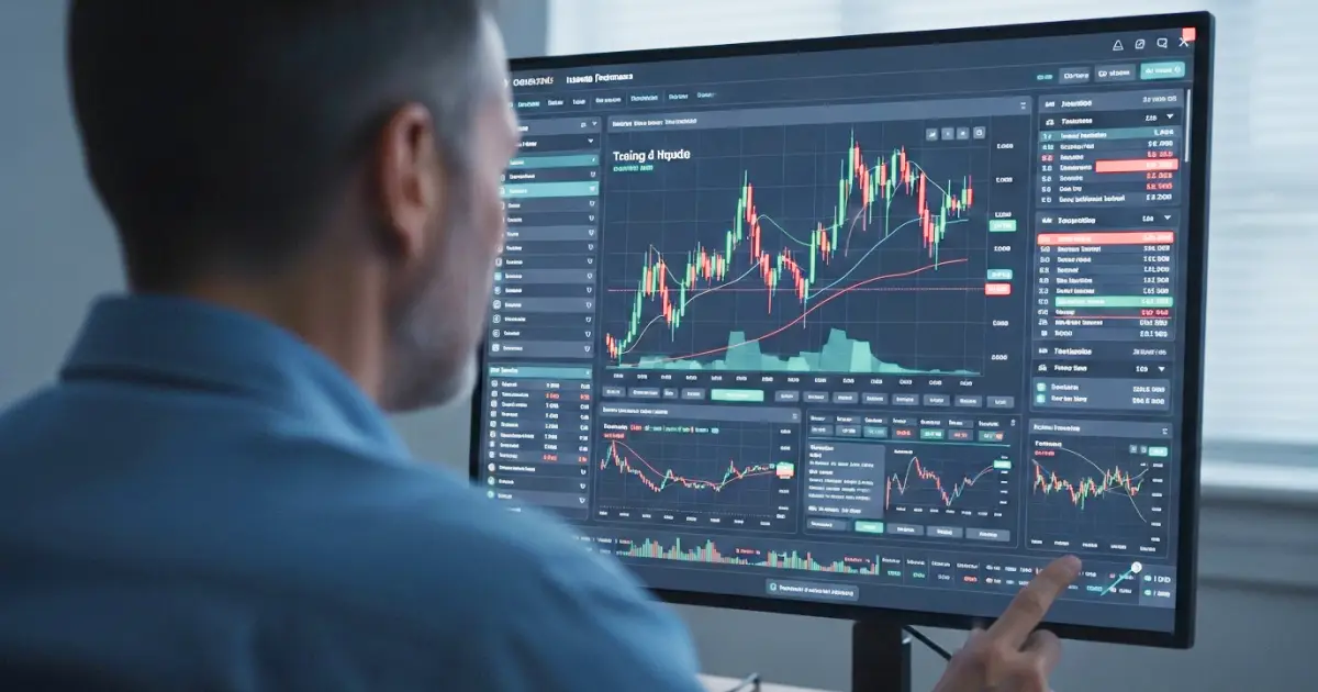 A trader analyzing cryptocurrency market charts and price movements on a desktop screen using a professional trading platform.
