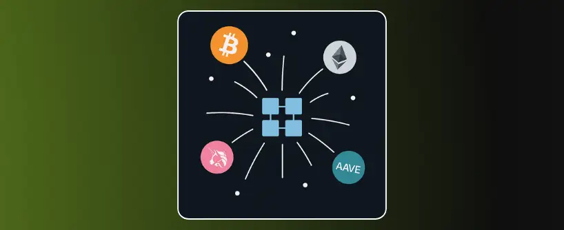 Bitunix A central blue network icon connected by lines to cryptocurrency logos—Bitcoin, Ethereum, Uniswap, and AAVE—on a dark background with a green gradient on the left. Ideal visual for crypto for beginners 2025 resources.